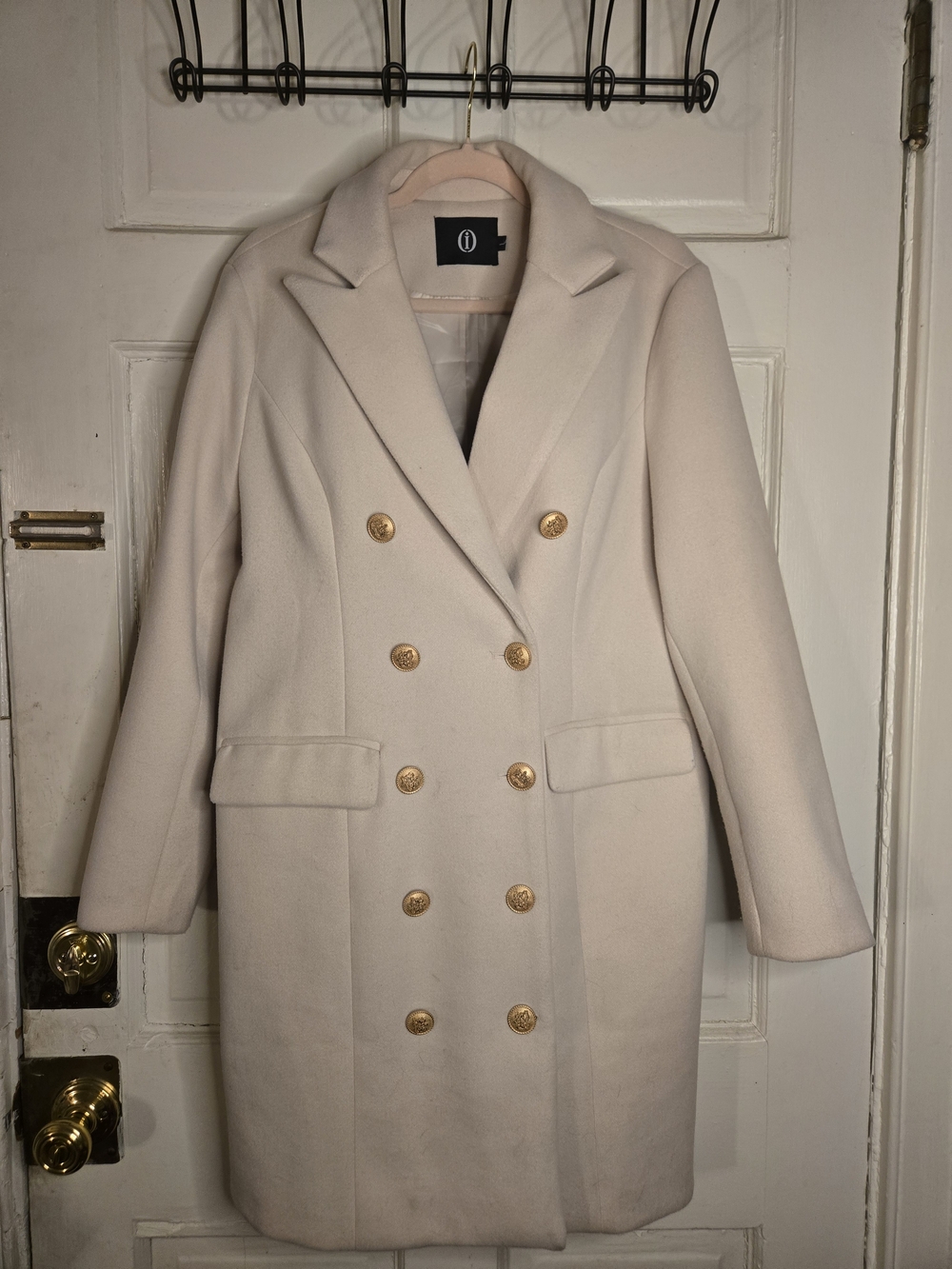 INC International Concepts Cream Double-Breasted Pea Coat with Gold Buttons